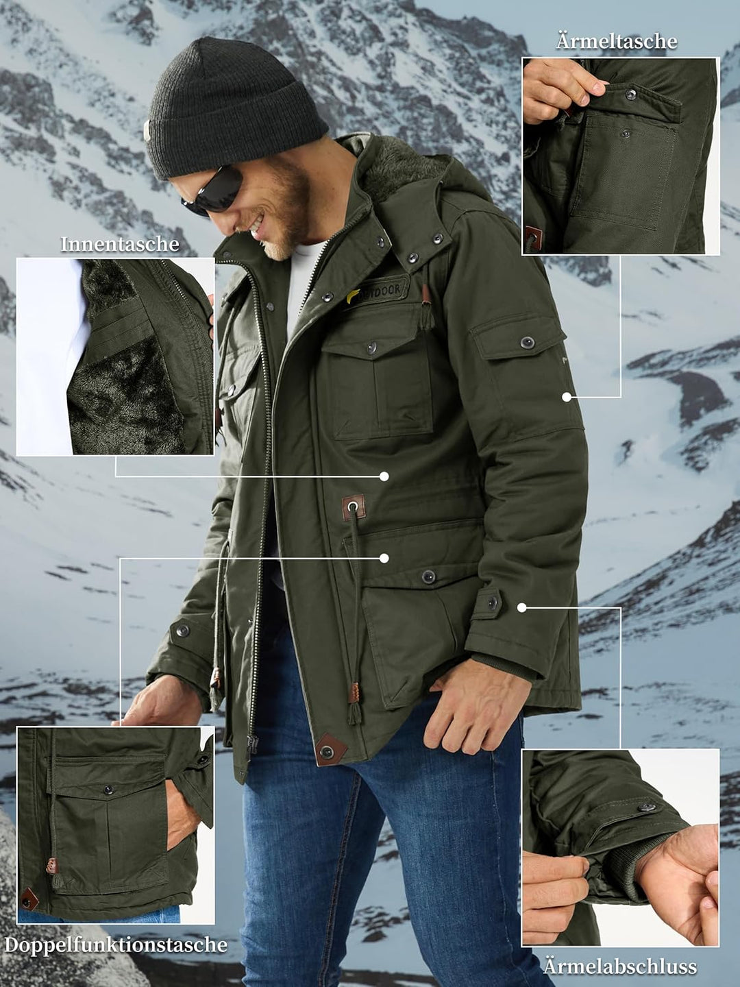 Winterparka Herren Fleece Gefüttert Winterjacke mit Viele Taschen Kapuze Warm Winter Mantel Übergang
