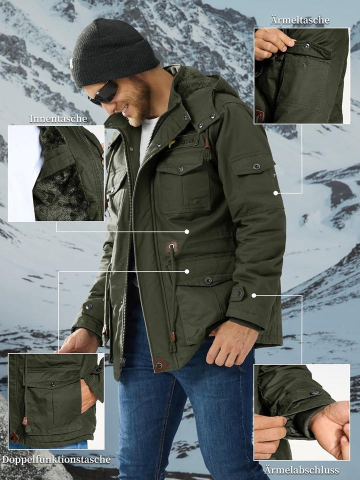 Winterparka Herren Fleece Gefüttert Winterjacke mit Viele Taschen Kapuze Warm Winter Mantel Übergang