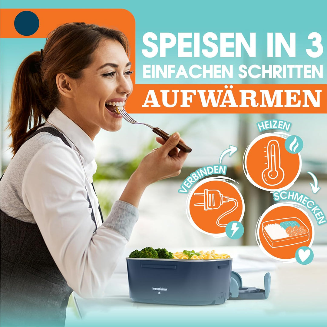 TRAVELISIMO Elektrische Lunchbox 80W Warmhaltebox, 1,5L Edelstahl Wärmebox für Essen 3-in-1 12V/24V/