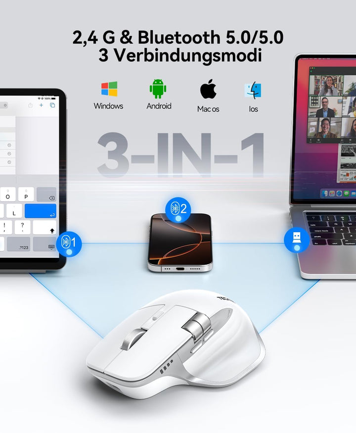 TECKNET Bluetooth kabellose Maus(BT 5.3/5.0+2,4G), Seitliches Mausrad, Wiederaufladbare Maus Ergonom
