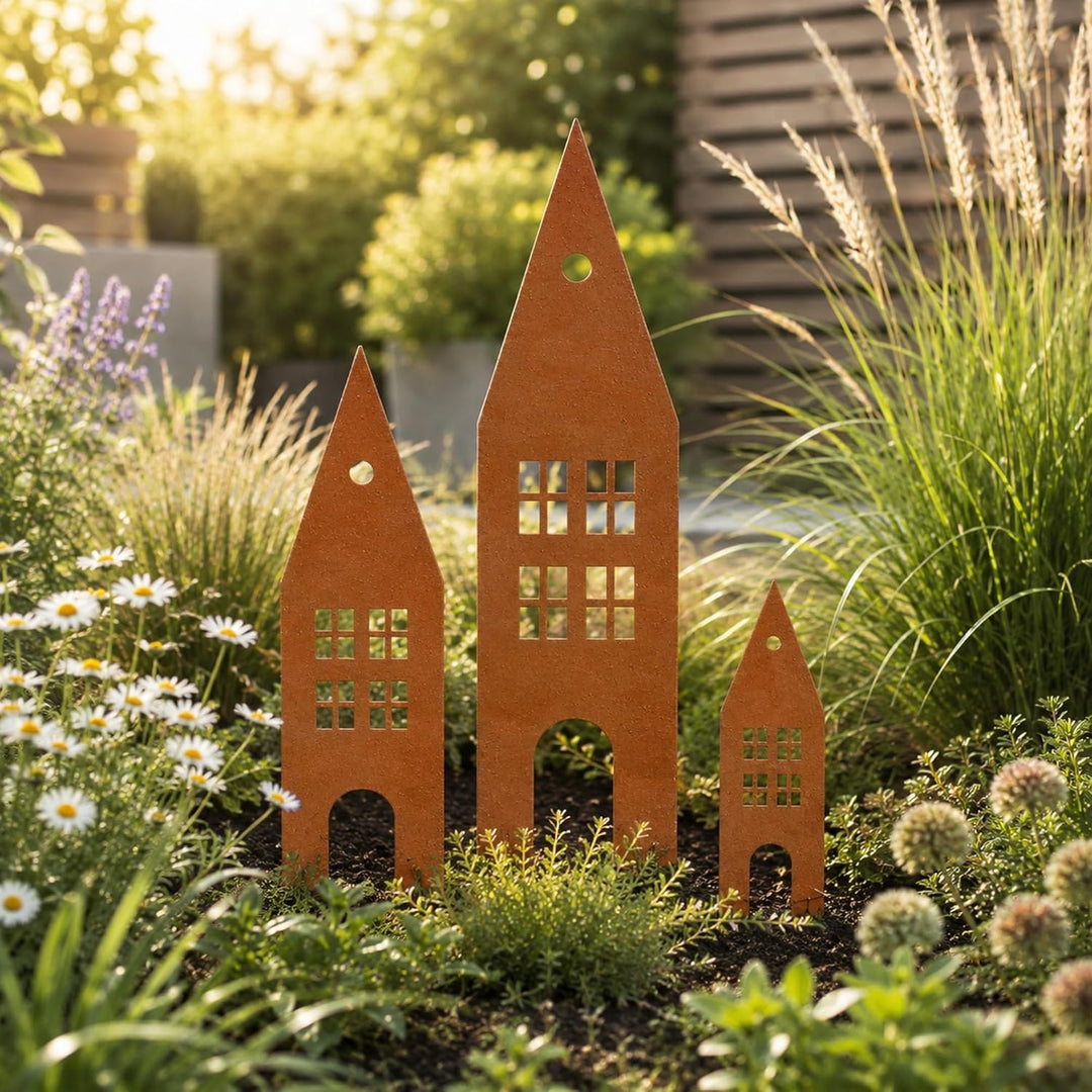 UNUS Garden Häuser Gartenstecker 3er Set, Gartendeko Rostoptik, Roststecker aus Edelrost Metall, Ros