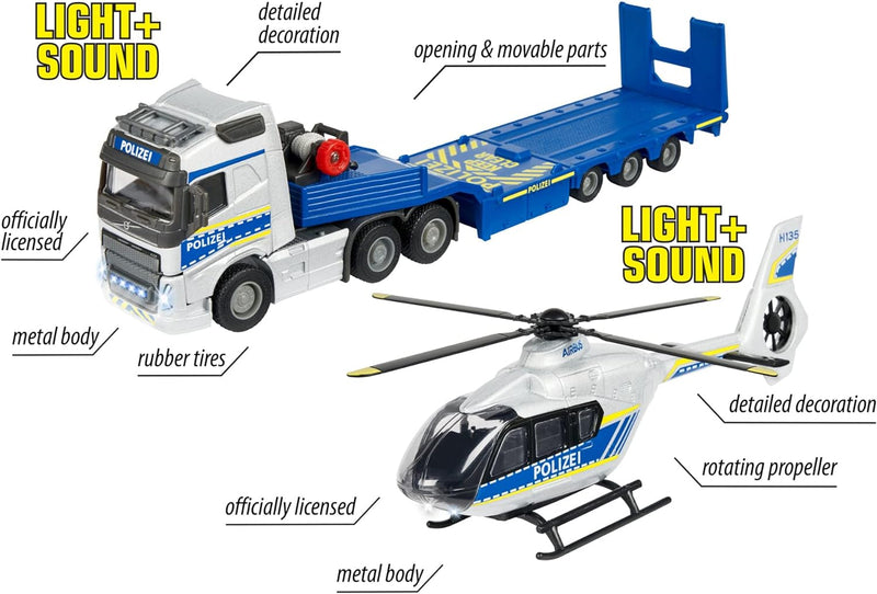 Majorette - Volvo Polizei-Transporter FH-16 (35 cm) – LKW mit Auflieger und Airbus Hubschrauber (25,