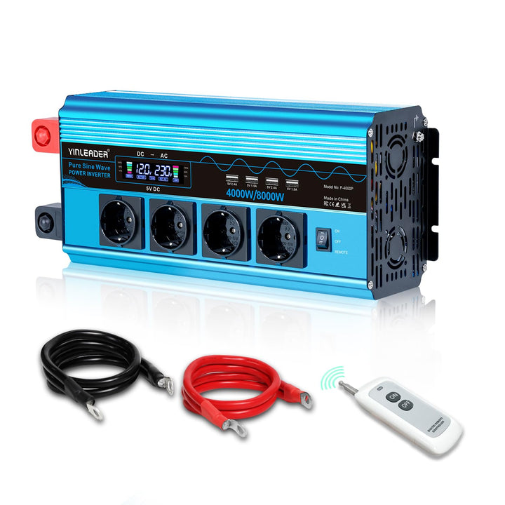 Wechselrichter 4000W Spannungswandler Reiner Sinus 12V 230V mit 4 Europäische Steckdose und 4 USB-An