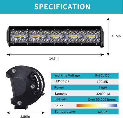 Kraumi LED Zusatzscheinwerfer, 15 Zoll 320W Cree LED Arbeitsscheinwerfer 32,000lm Led Scheinwerfer 1