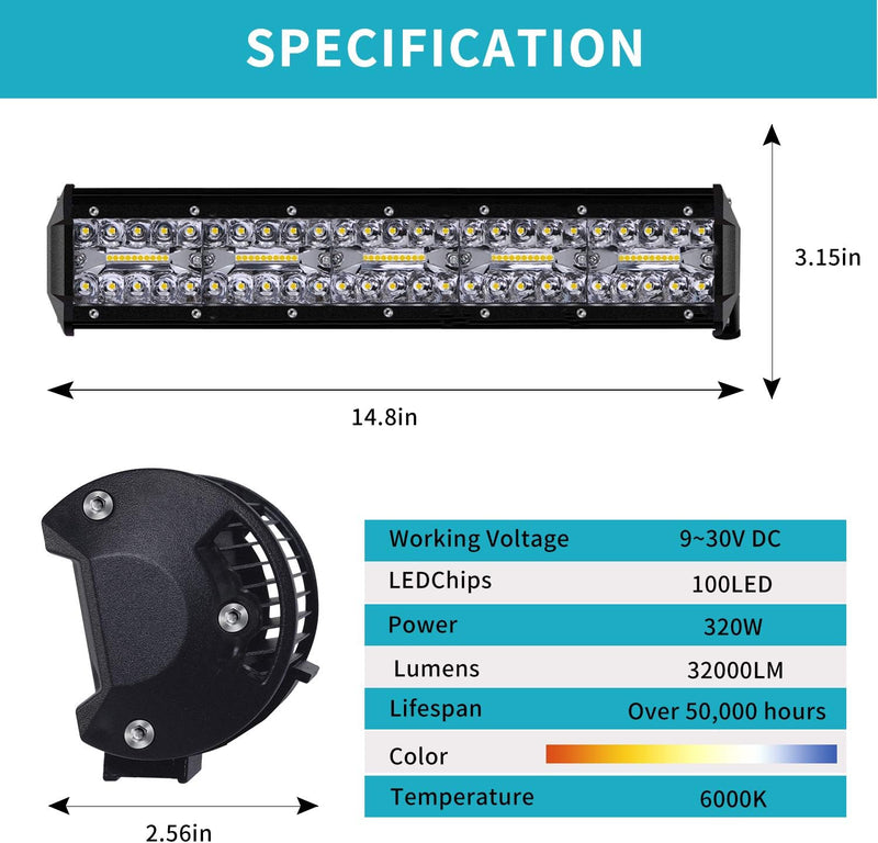 Kraumi LED Zusatzscheinwerfer, 15 Zoll 320W Cree LED Arbeitsscheinwerfer 32,000lm Led Scheinwerfer 1