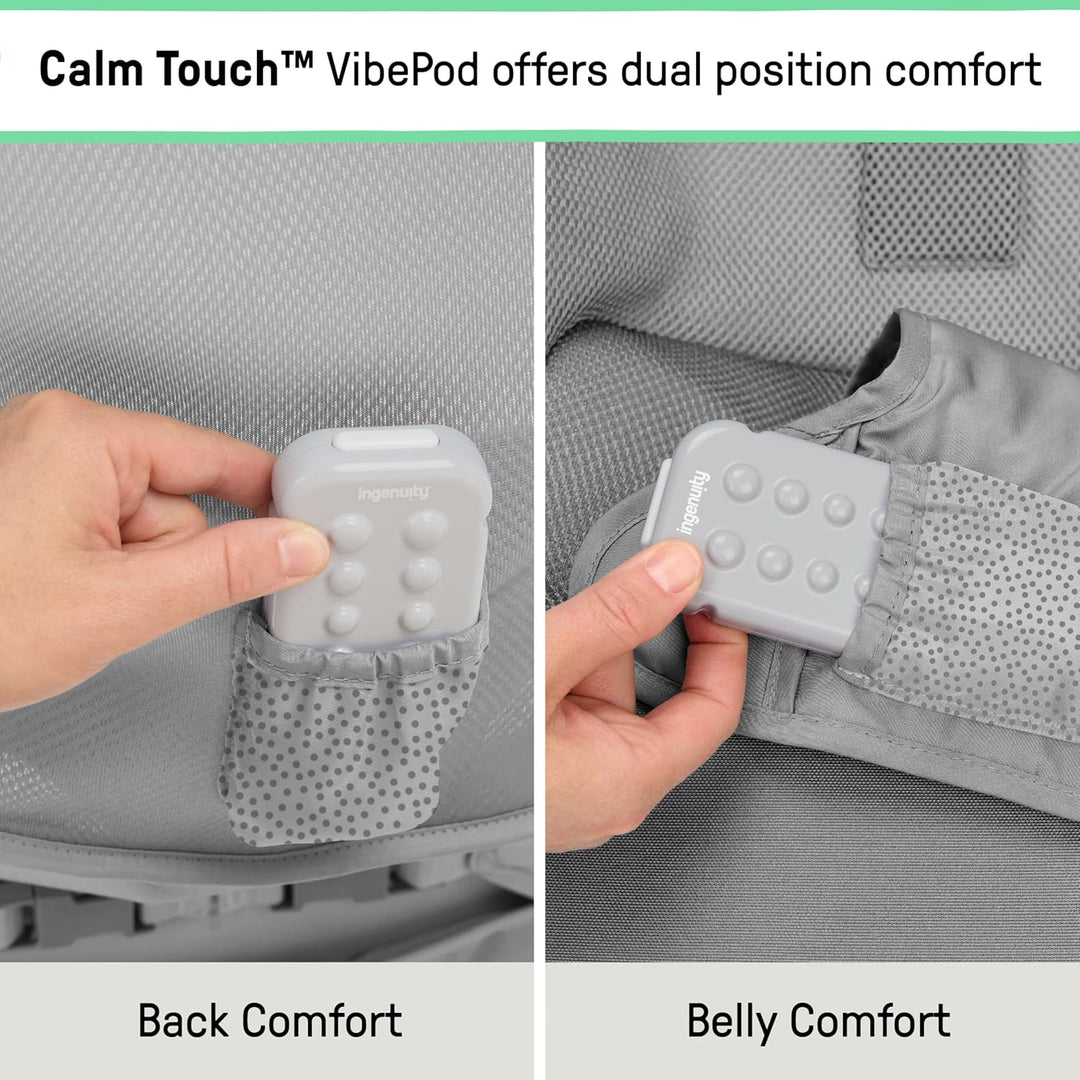 Ingenuity Stow &amp; Go kompakte Falt Babywippe, leichter tragbarer Sitz mit Vibration &amp; Spielzeug, Grau
