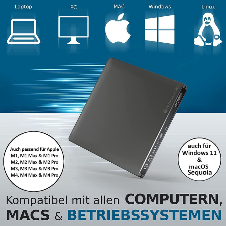 techPulse120 Externes USB 3.1 Blu-ray DVD CD USB-C UHD 4k 3D M-DISC BDXL HDR10 128GB Laufwerk Brenne