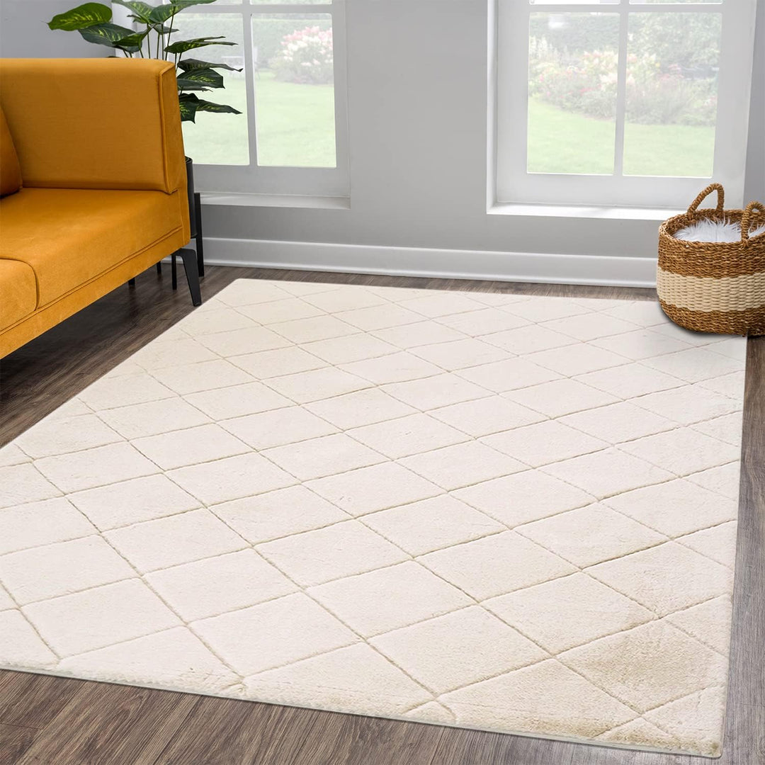 payé Teppich - Wohnzimmer Kuschwelweich 80x150cm Beige Flauschig Karo Muster Modern Deko Teppiche We
