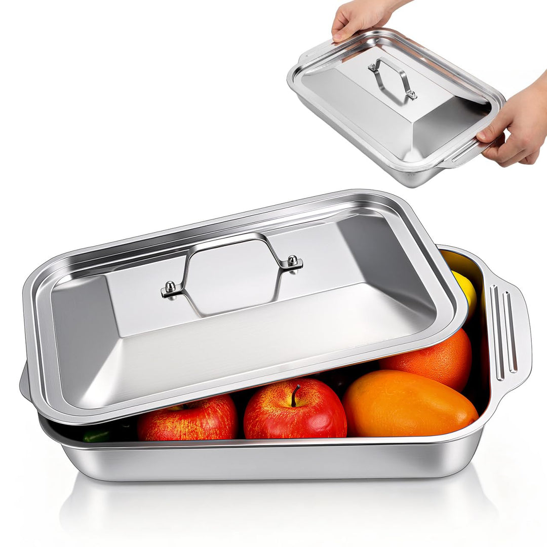 BESTYASH Edelstahl Backblech Mit Deckel Rechteckiger Bräter 15.7 Zoll Tiefes Grill- Und Serviergesch