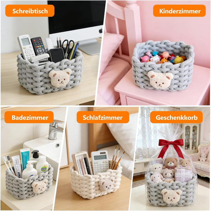 2 Stück Aufbewahrungskorb Geflochten mit Bärenmotiv Baumwolle Strickkorb, Häkelkorb, Klein Organizer
