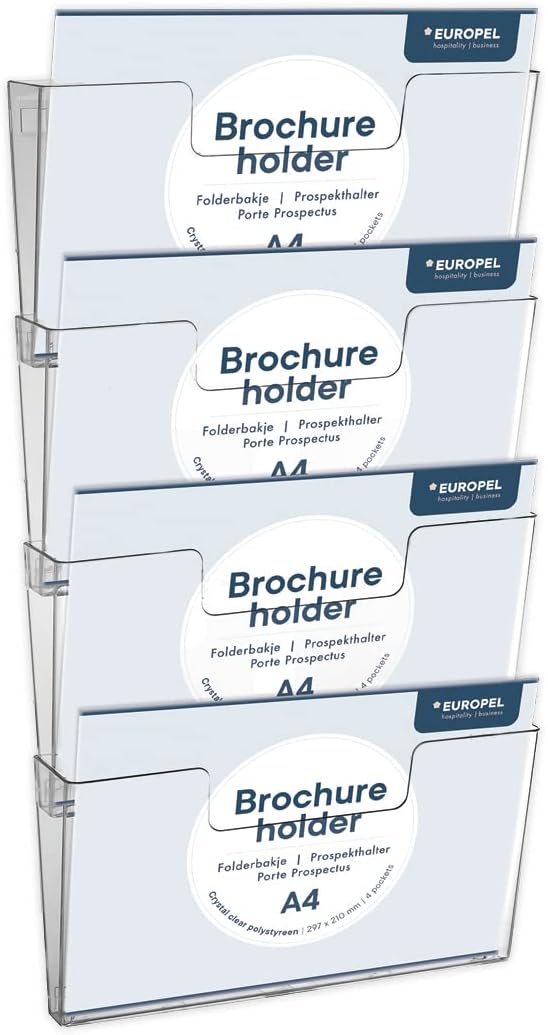Europel Prospekthalter Wandmontage, Mehrfach, 4 Fächer DIN A4, Aanschliessbar, Erweiterbar, Transpar
