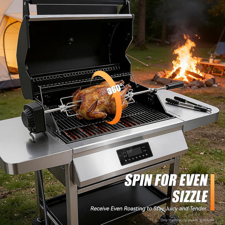 CHFUNE Edelstahl Grillspiess Set, Elektrischer Rotisserie, mit 2 Fleischnadeln,Motor, USB Leitung un