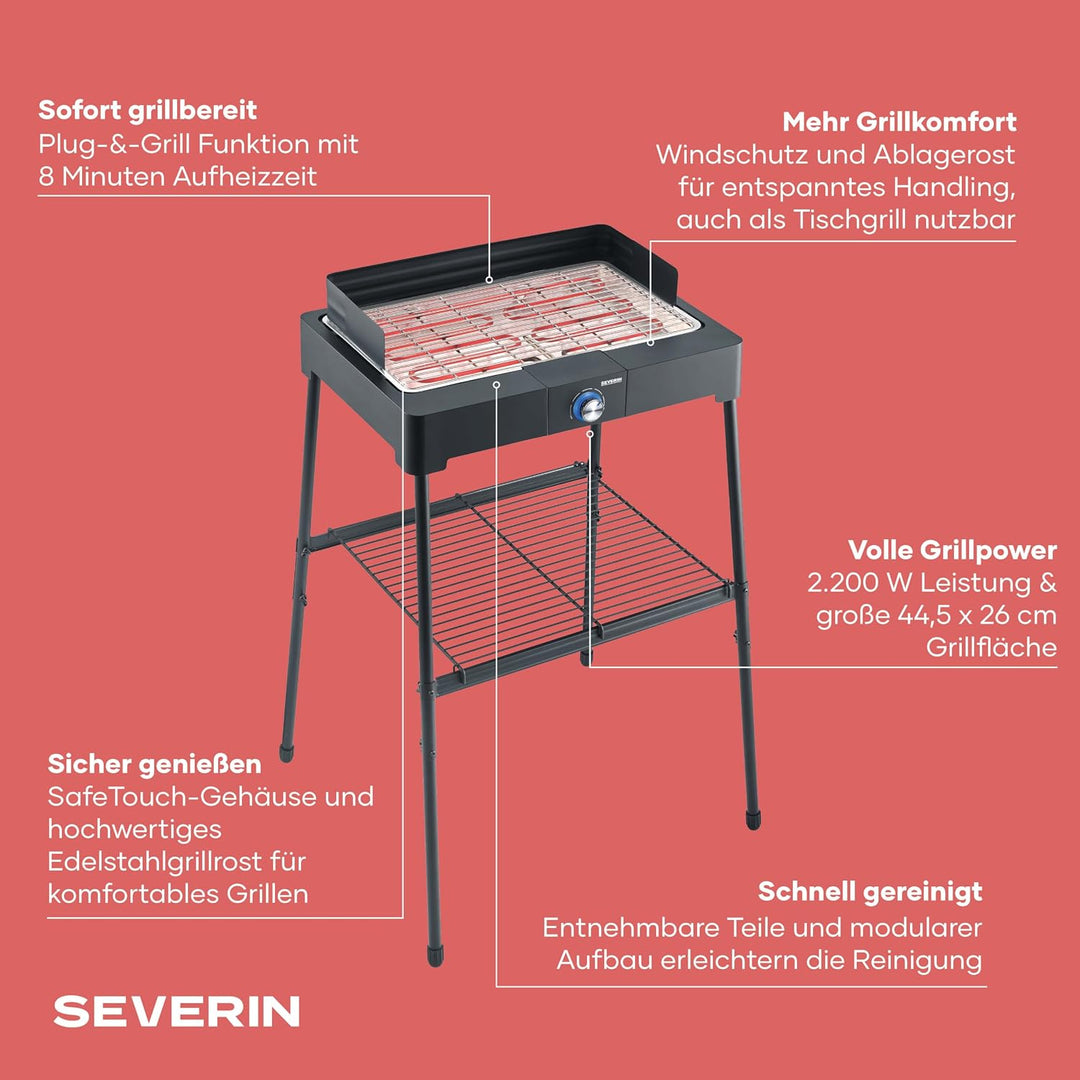 SEVERIN Standgrill mit Edelstahl-Grillrost und Standuntergestell und Ablagerost, Elektrogrill mit sc