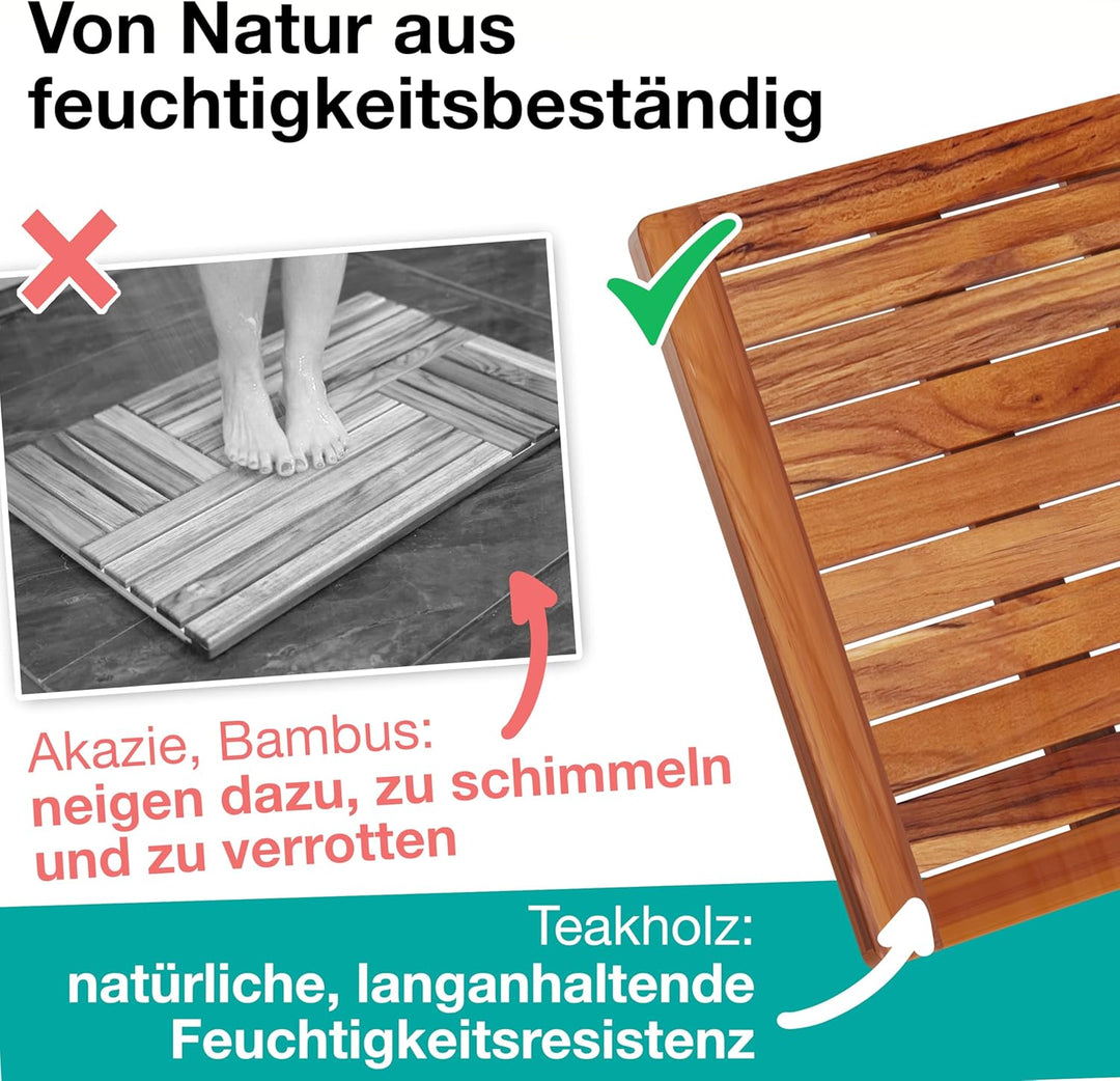 Badematte aus Teakholz 50 x 50 cm - Duschmatte Holz - Euchtigkeitsbeständig, Schimmelresistent und r