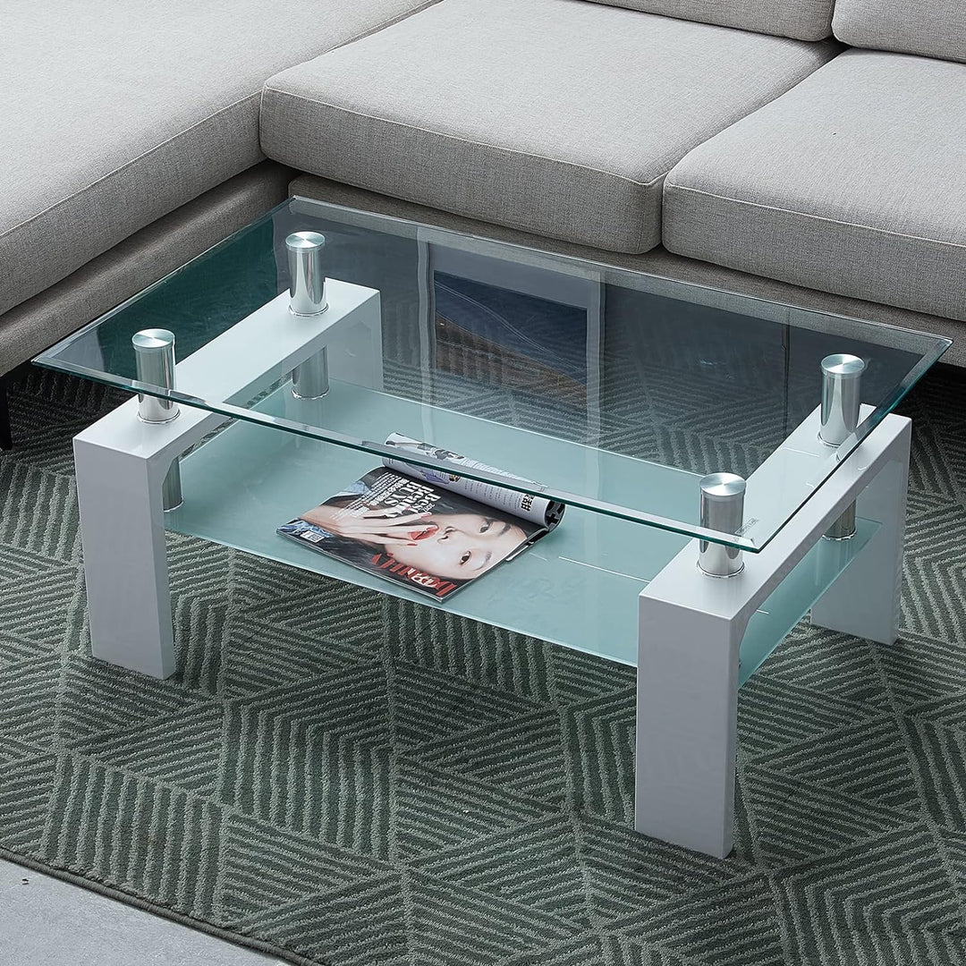 CLIPOP Couchtisch Rechteckig Beistelltisch aus Hartglas,Moderner Sofatisch mit Stauraum,Beistelltisc