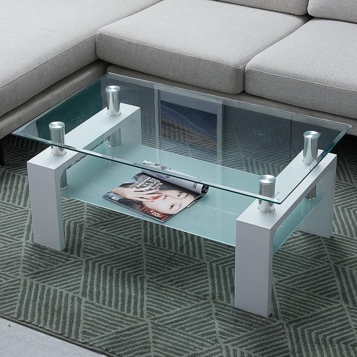 CLIPOP Couchtisch Rechteckig Beistelltisch aus Hartglas,Moderner Sofatisch mit Stauraum,Beistelltisc