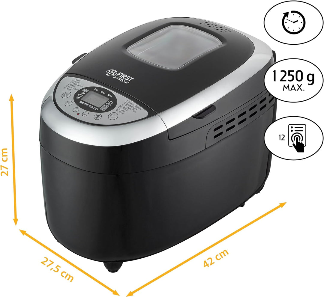 TZS First Austria Brotbackautomat mit 12 Automatikprogrammen, 700g-1000g-1250g Füllmenge, Timer, ein