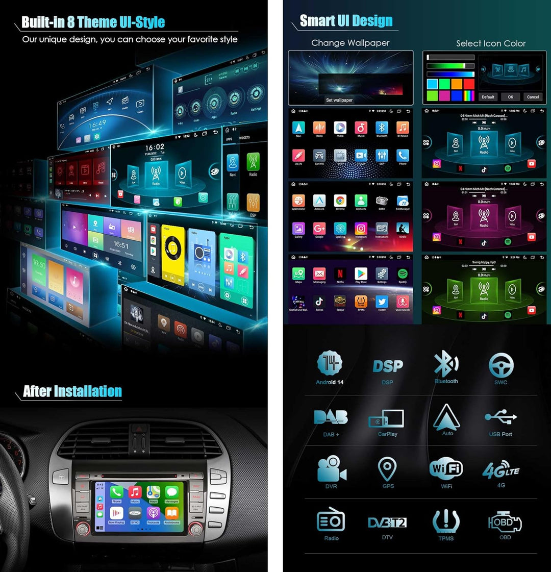 Erisin 8-Kern Android 14 Autoradio GPS Navi für FIAT Bravo Unterstützt 7 Zoll Touchscreen Kabelloses