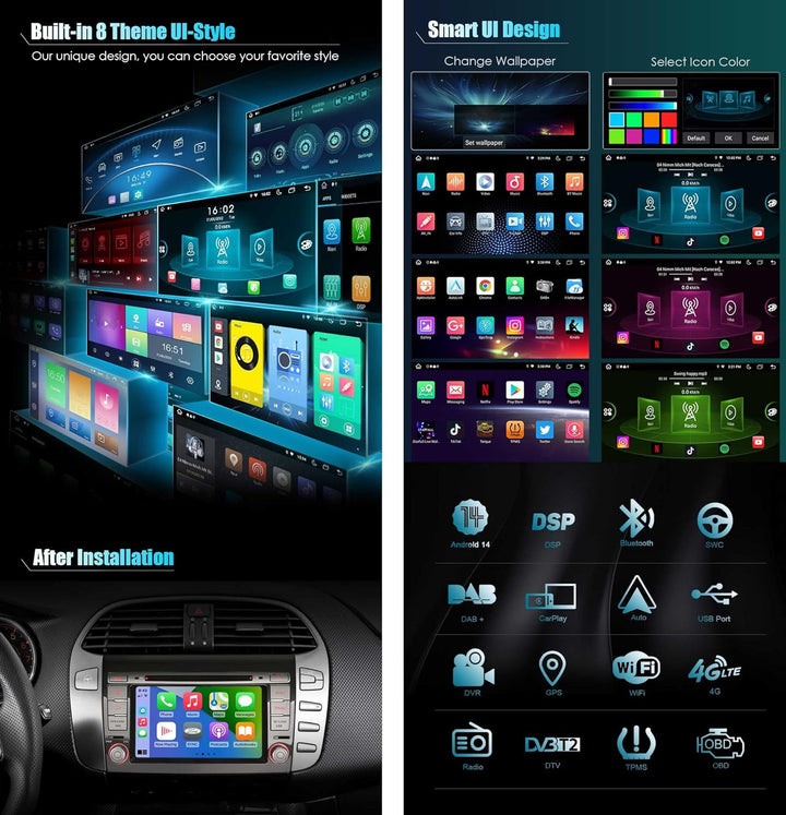Erisin 8-Kern Android 14 Autoradio GPS Navi für FIAT Bravo Unterstützt 7 Zoll Touchscreen Kabelloses
