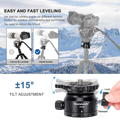 Koolehaoda PD-60 Stativ Nivellierbasis Leveling Base mit 3/8 Zoll Gewinde und 360° Panorama-Basis, 1