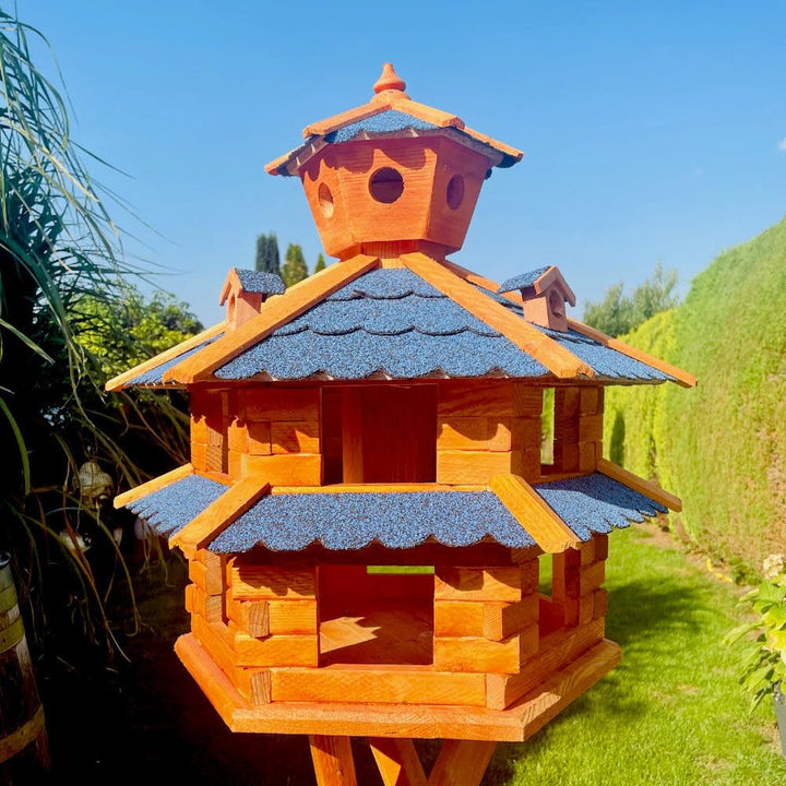 DARLUX Vogelvilla wetterfest von L bis XXL Futterhaus Vogelhaus mit oder ohne Ständer in Braun mit R