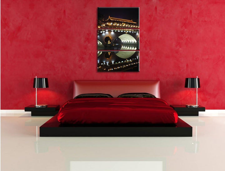 Pixxprint hellerleuchtete chinesische Brücke als Leinwandbild/Grösse: 3 Teilig (120x80) cm/Wandbild/