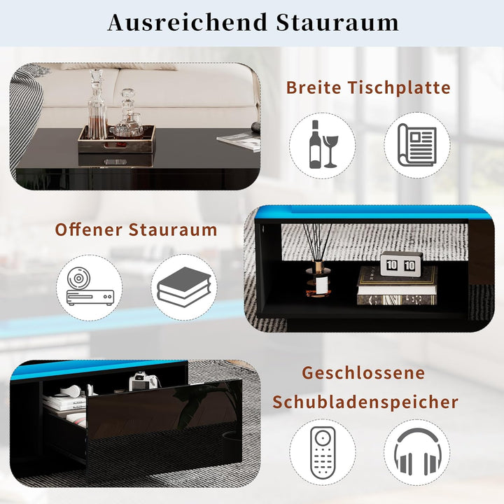 Merax Couchtisch Schwarz, Modern Wohnzimmertisch Hochglanz, mit 16-Farbiger LED Beleuchtung, Beistel