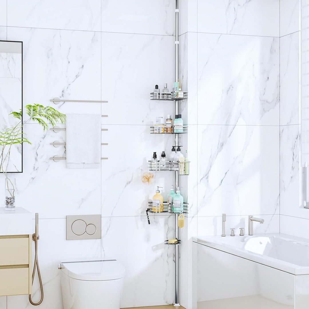 SWTYMIKI Duschregal Teleskop Dusche Teleskopstange - 4-Tier Teleskop Eckregal Dusche mit Seifenhalte