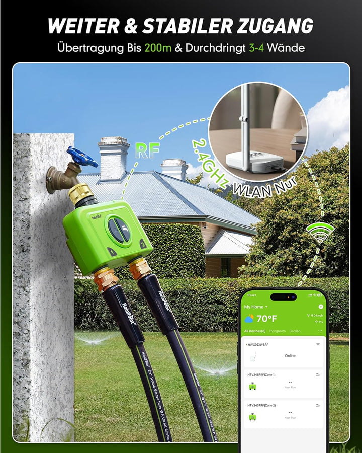 RAINPOINT Bewässerungscomputer WLAN 2 Ausgänge mit Antennen-Gateway, Messing-Einlass und -Auslass, S