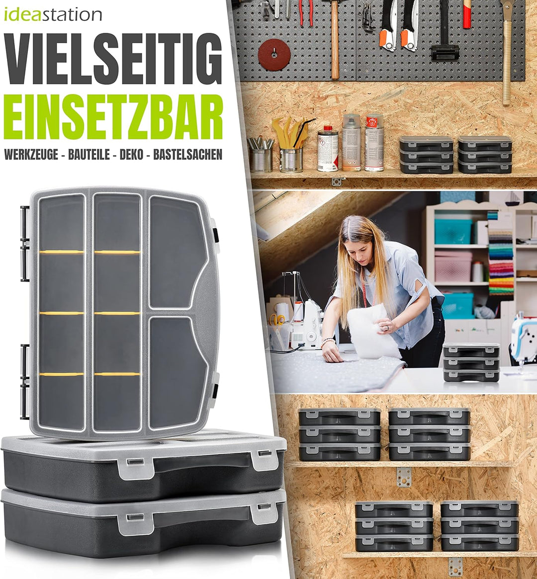 Sortierkasten 3 Stück / 19 x 15 cm - anthrazit - Organizer Box mit transparentem Deckel - Sortierbox