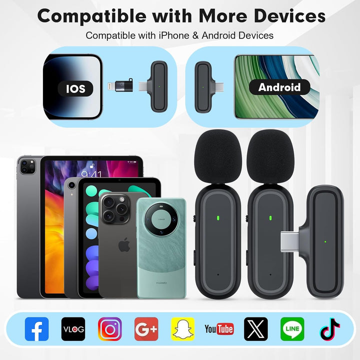 Kabelloses Lavalier Mikrofon für iPhone Android Kamera USB-C mit Ladekoffer, Rauschunterdrückung Kab