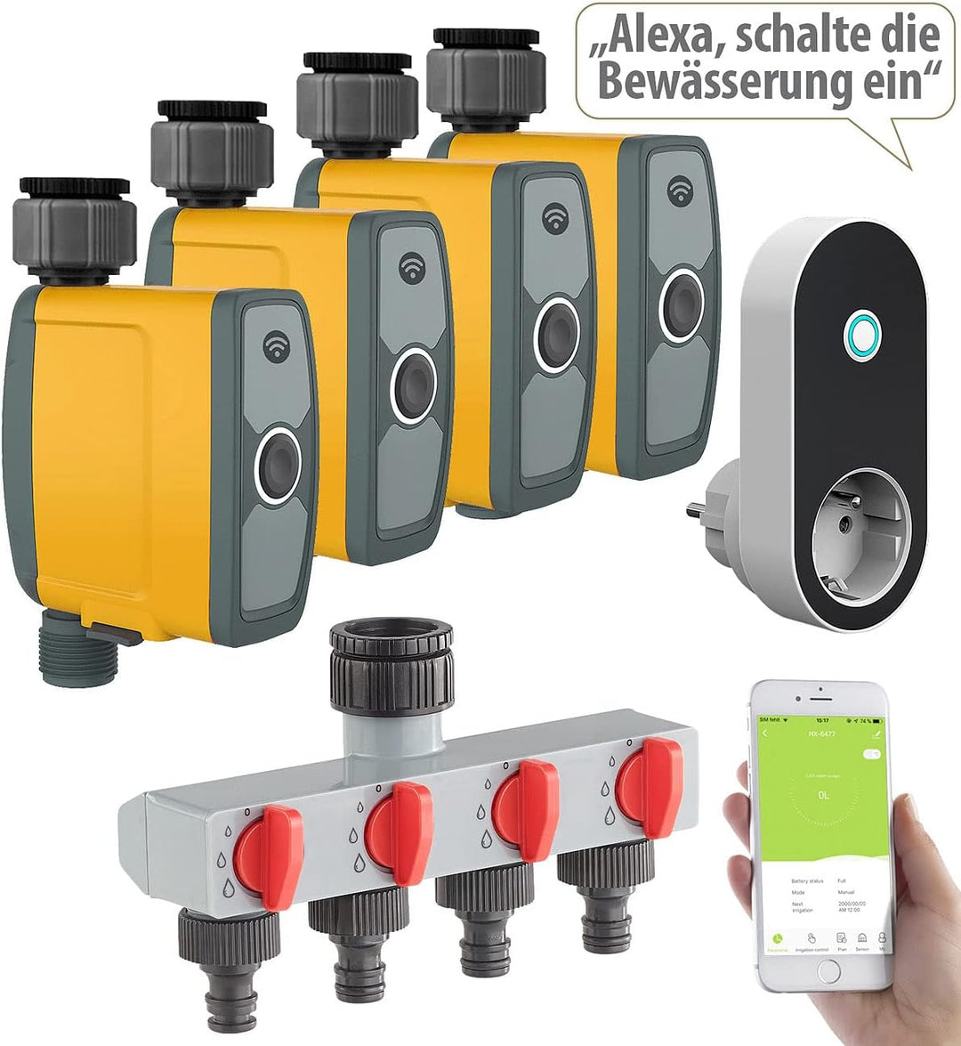 Royal Gardineer Bewässerung WLAN: WLAN-Bewässerungscomputer, Bewässerungsventil, 4-Wege-Verteiler, A