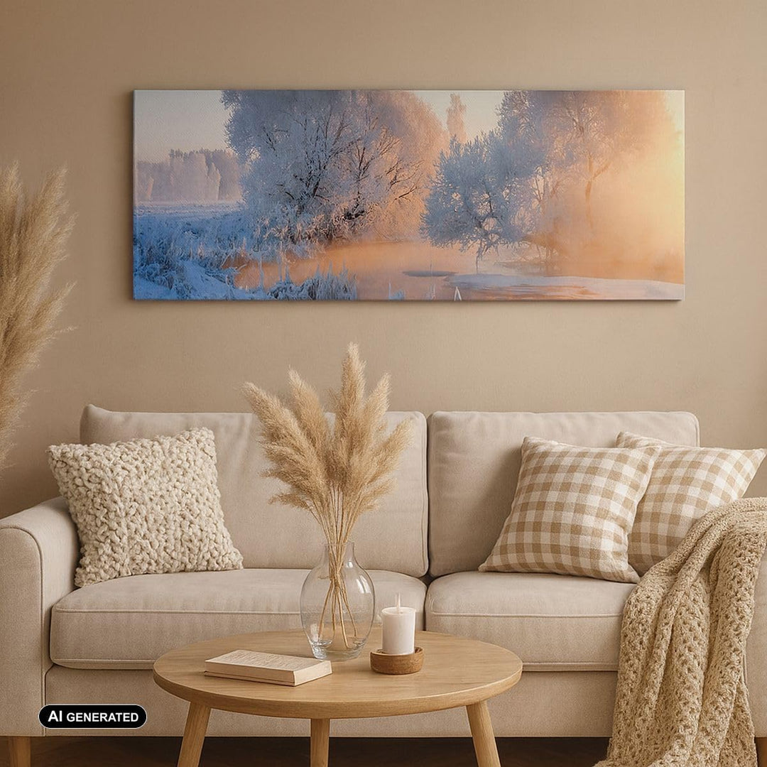 Wandbilder Dekoration Wohnzimmer Winter Schnee Fluss Panorama Bilder auf Leinwand 120x50cm Leinwandb