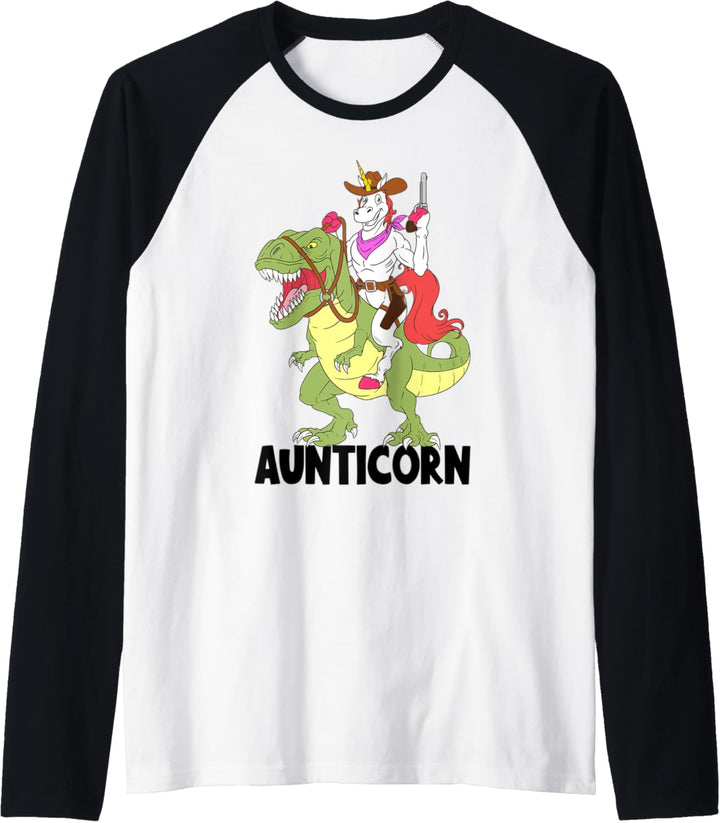 Unicorn Aunt Aunticorn Riding Dinosaur T-Rex Cowboy Sheriff Raglan