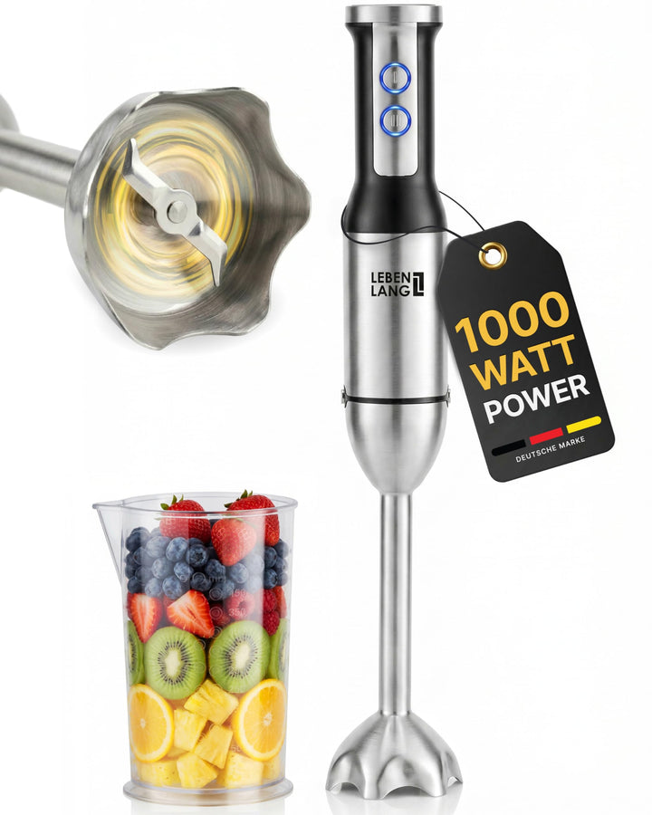LEBENLANG 1000W Stabmixer Edelstahl - Mit Spritzschutz und 8 Stufen plus Turbo | Hochwertiger Pürier