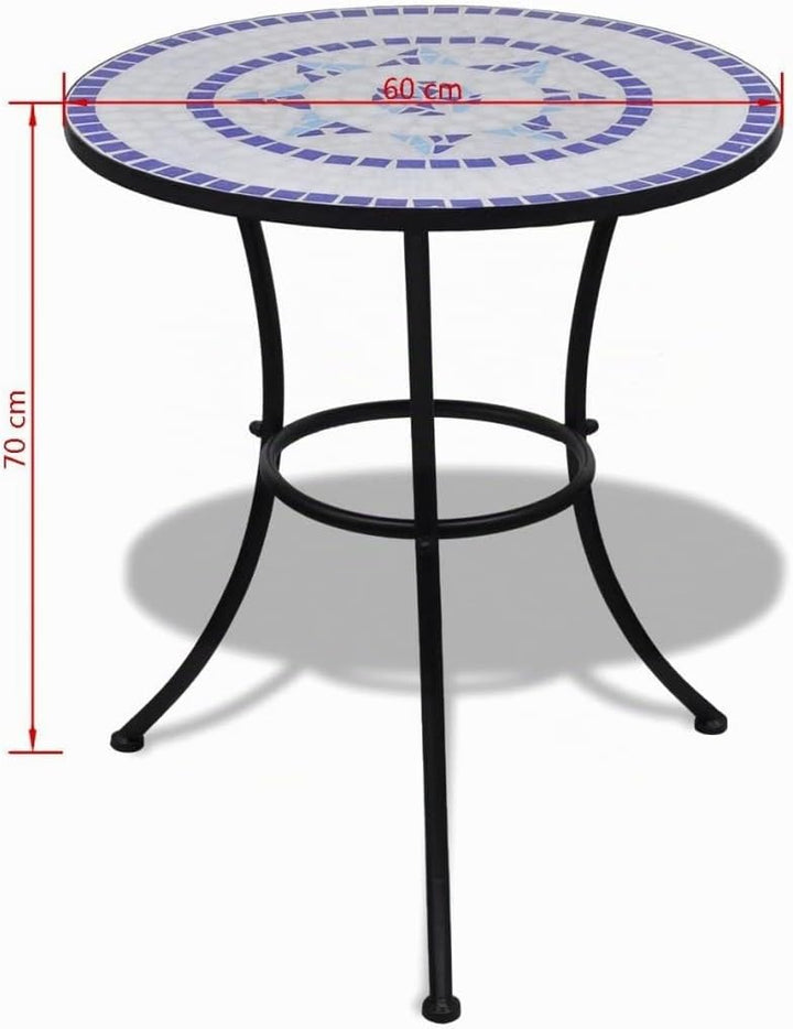 Tidyard Tisch Mosaiktisch Gartentisch Bistrotisch Balkontisch mit Eisenrahmen, Blau+Wei?, Rund, 60 x