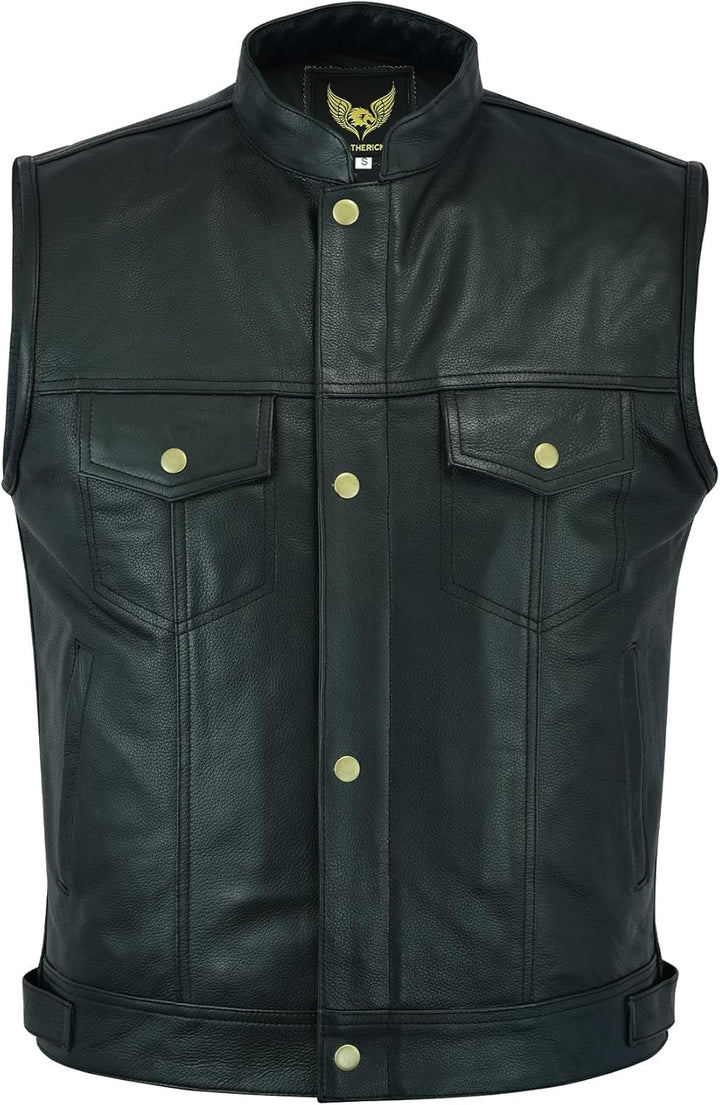 Leatherick Herren Biker Weste aus echtem Leder mit offenen Knöpfen für Reiten und modische Weste (5X