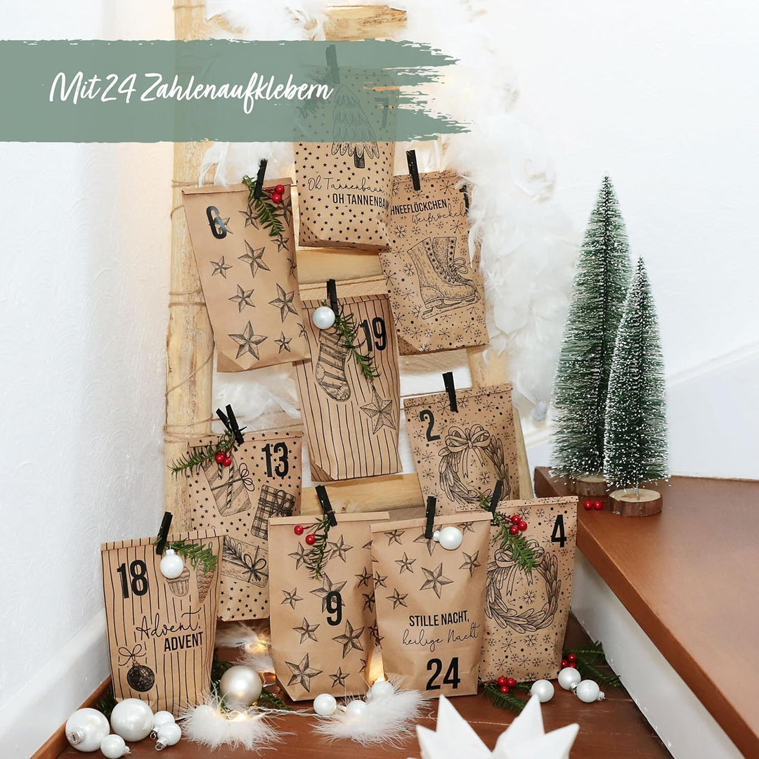 Papierdrachen Adventskalender 2025 zum Befüllen - 24 braune Geschenktüten mit Zahlenaufklebern - Mot