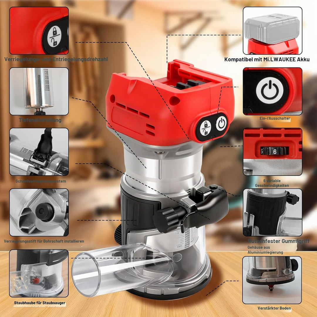 Akku Oberfräse für Milwaukee 18 V, 800 W Bürstenloser Oberfräse Trimmer Einhandfräse Kantenfräser 30