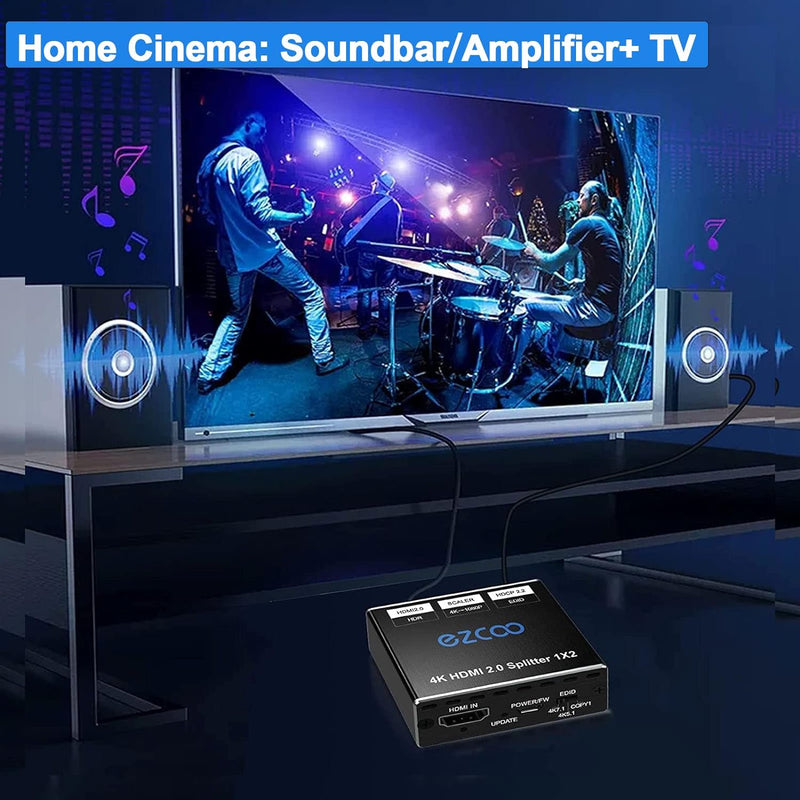 4K 60Hz HDMI Splitter 1x2 1080P 120Hz HDCP2.2 HDR 18Gbps UHD Dolby Vision Atmos EDID Scaler 4K 1080P