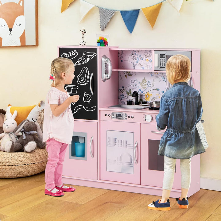 COSTWAY Kinderküche mit 10 Spielzubehör, Spielküche Kinder mit Tafel, Spielzeugküche mit Mikrowelle