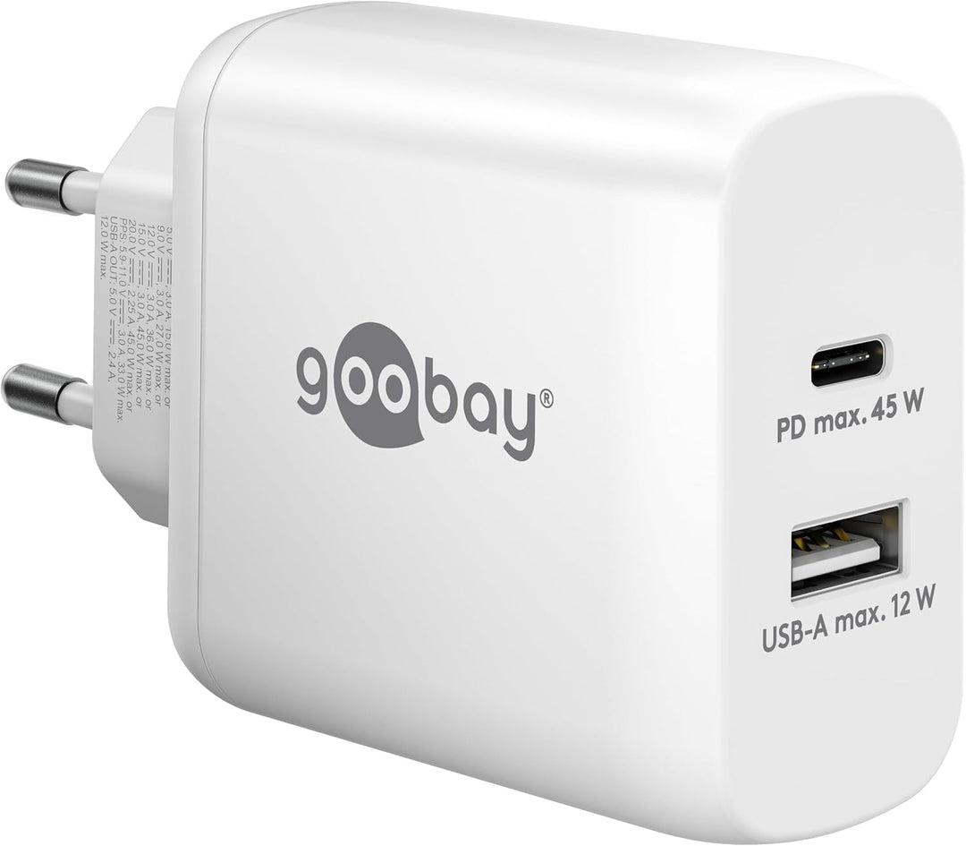 Goobay 65412 Dual Ladegerät 45W / USB-C &amp; USB-A Schnellladegerät Power Delivery/Ladenetzteil mit 2 U
