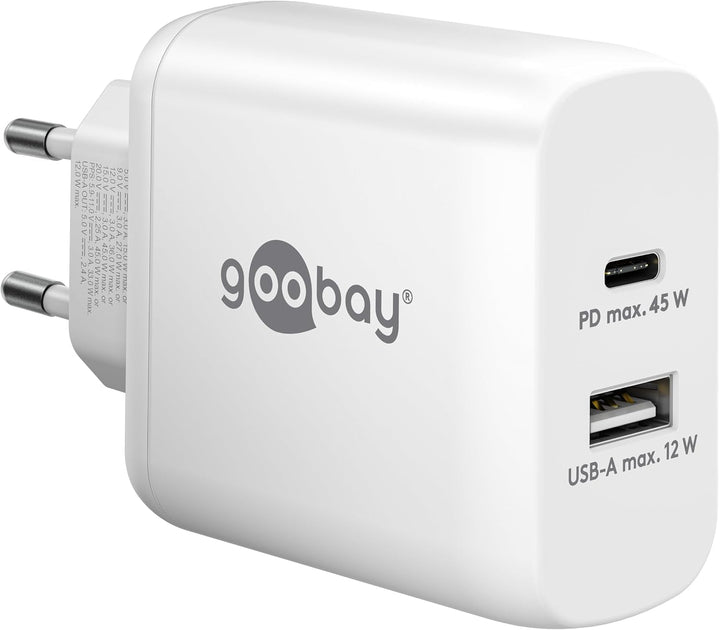 Goobay 65412 Dual Ladegerät 45W / USB-C &amp; USB-A Schnellladegerät Power Delivery/Ladenetzteil mit 2 U