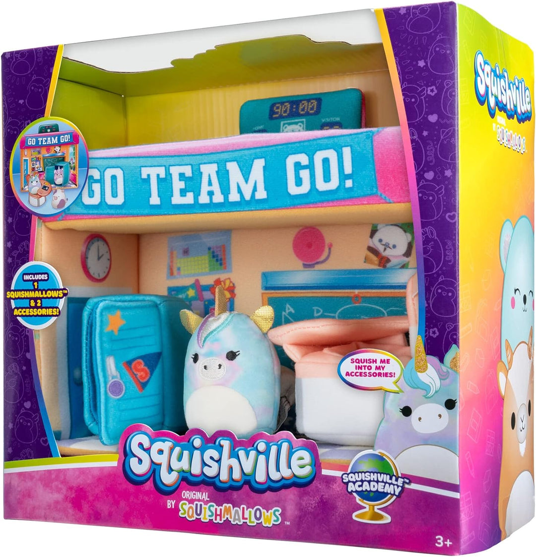 Squishville SQM0325 Schule, superweiches Spielset mit 5cm Mini-Squishmallows Plüschfigur und Zubehör