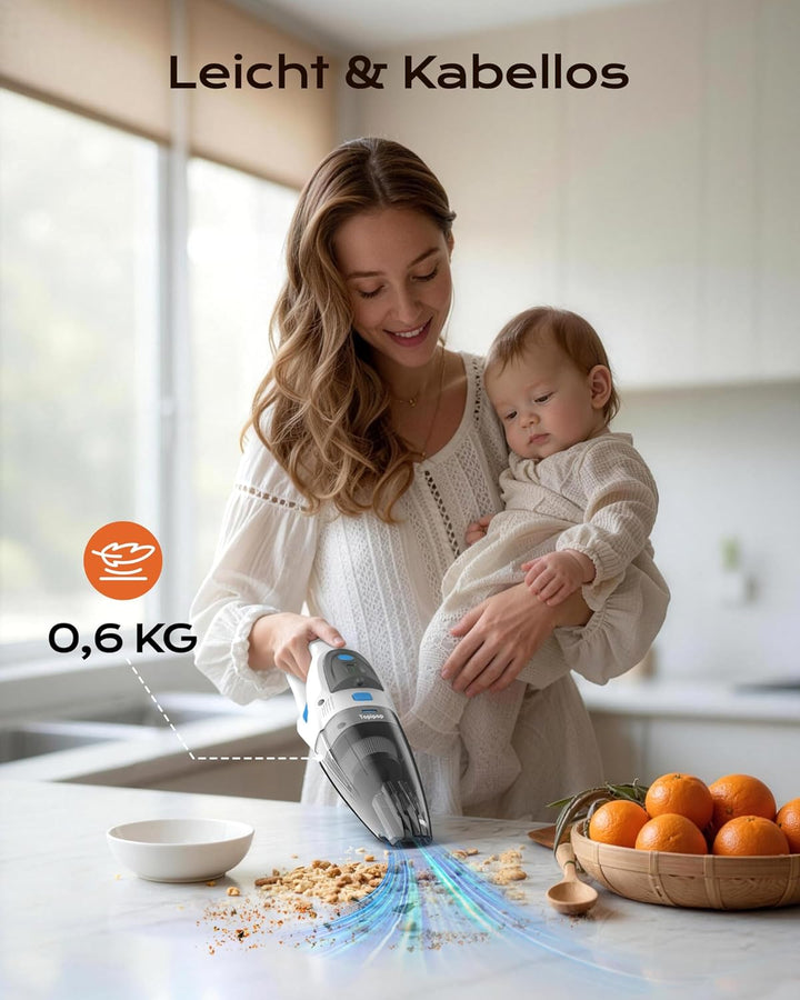 Handstaubsauger Akku, Kabelloser Handsauger mit 25000Pa Saugkraft, 8000mAh Akku & waschbarem HEPA-Fi