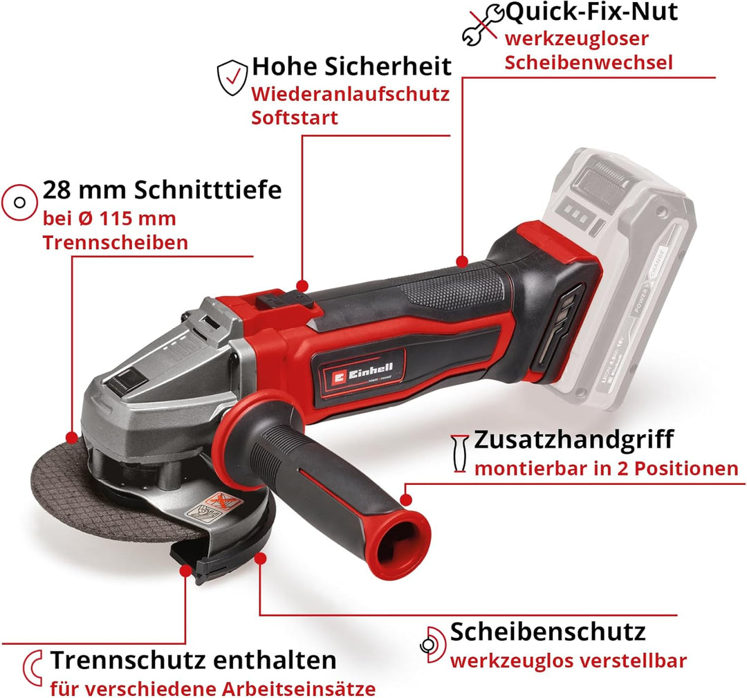 Einhell Akku-Winkelschleifer TE-AG 18/115 Q Li-Solo Power X-Change (18V, 115 mm Scheibendurchmesser,