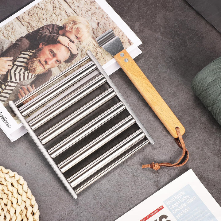 Edelstahl Hot Dog Roller für Grill + Metallspatel mit Langem Holzgriff, BBQ Wurstroller für Grill Pl