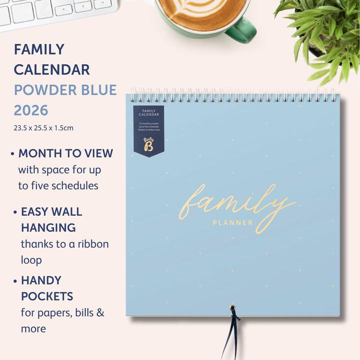 Busy B - Grosser Familien-Wandkalender 2026 - Puderblau Design mit 5 Spalten & Aufbewahrungstaschen