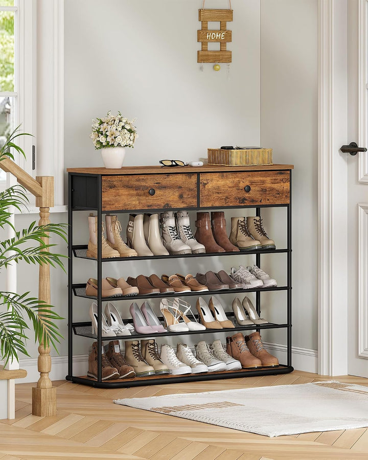 Hzuaneri Schuhregal, 5 Ebenen, 2 Stoffschubladen, 3 Gittern, Verstellbaren | Schuhständer für Eingan