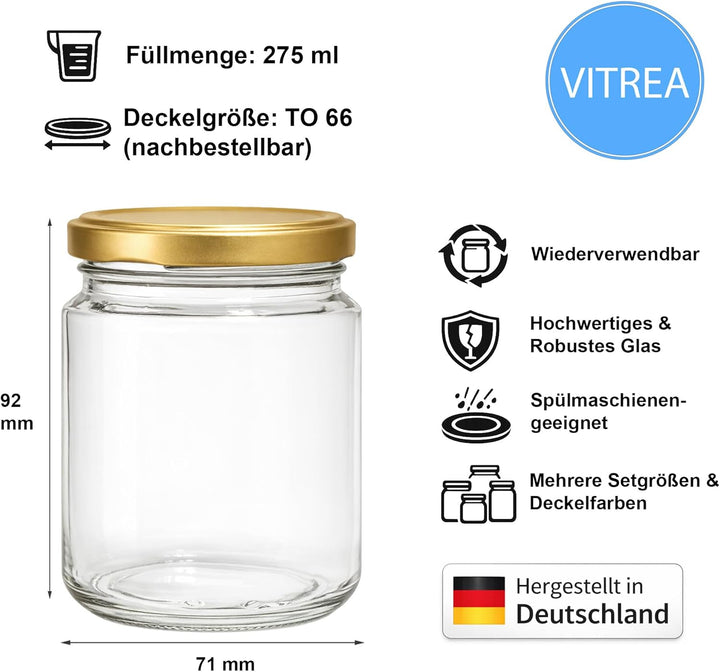 Vitrea 100x Marmeladengläser 275 ml - mit Deckel Gold TO 66 - Einmachgläser zum befüllen mit Schraub
